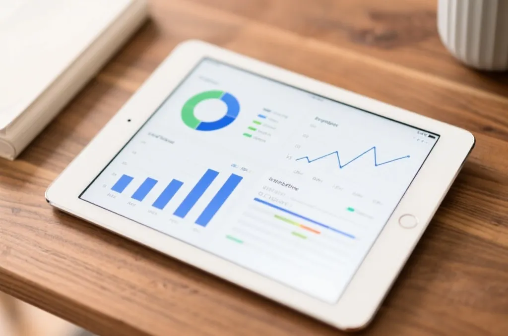 A clean modern tablet displaying simple statistical charts and data graphs on a wooden desk